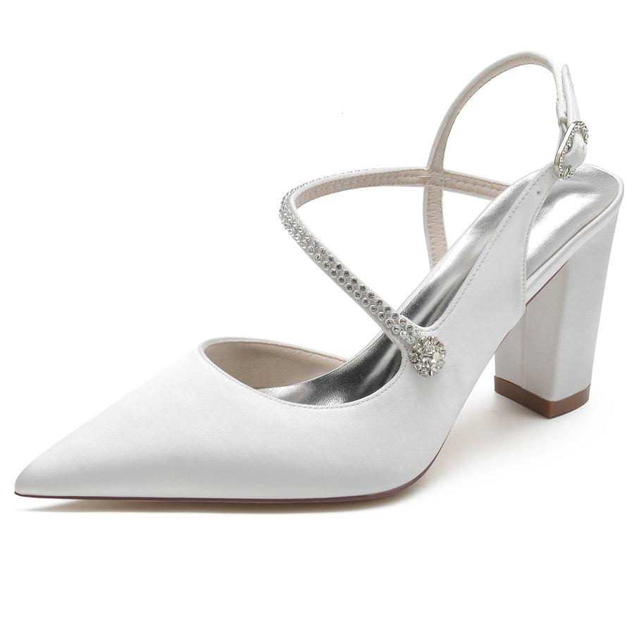 Damen Abendschuhe aus Seidensatin mit Knöchelriemen und Strasssteinen, geschlossene Zehenpartie, klobiger Absatz