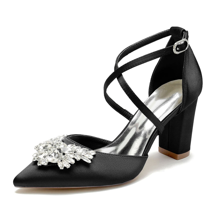 Damen Seidensatin mit Knöchelriemen Strass Geschlossene Zehenpartie Blockabsatz Partyschuhe