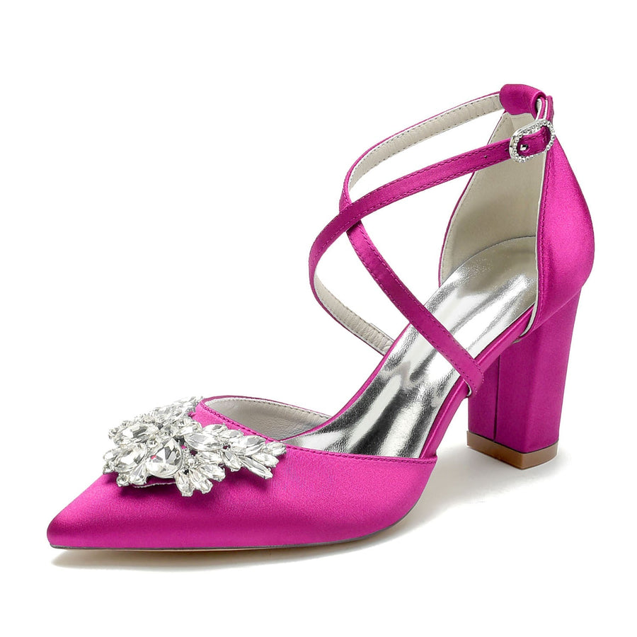Damen Seidensatin mit Knöchelriemen Strass Geschlossene Zehenpartie Blockabsatz Partyschuhe