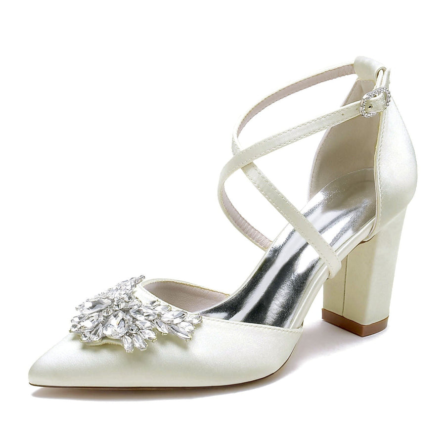 Damen Seidensatin mit Knöchelriemen Strass Geschlossene Zehenpartie Blockabsatz Partyschuhe