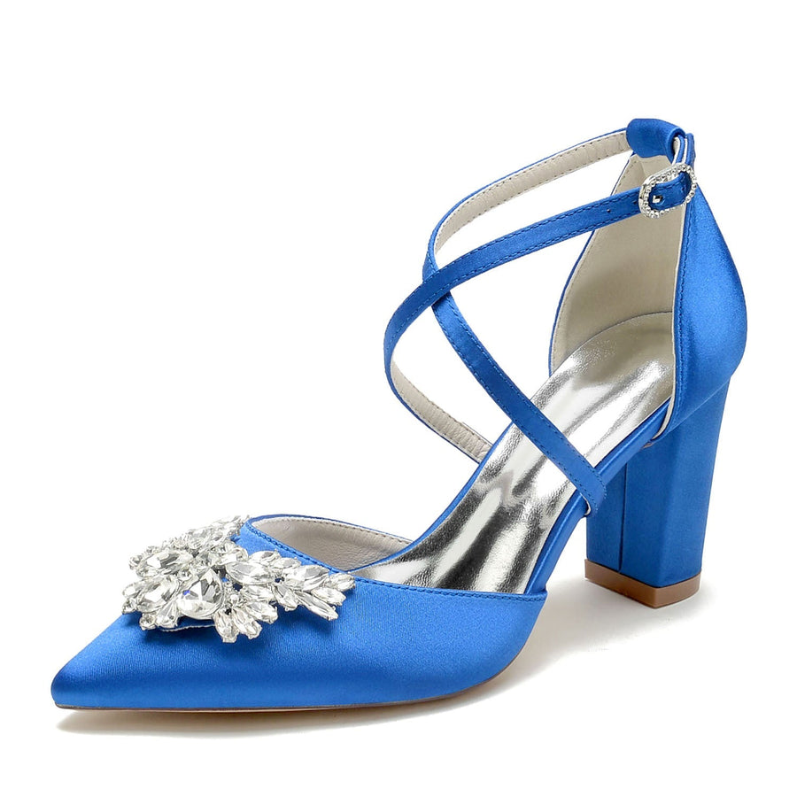 Damen Seidensatin mit Knöchelriemen Strass Geschlossene Zehenpartie Blockabsatz Partyschuhe
