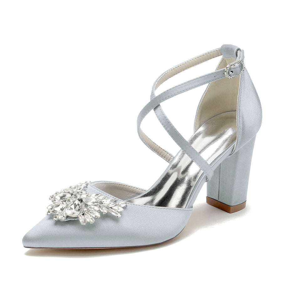 Damen Seidensatin mit Knöchelriemen Strass Geschlossene Zehenpartie Blockabsatz Partyschuhe