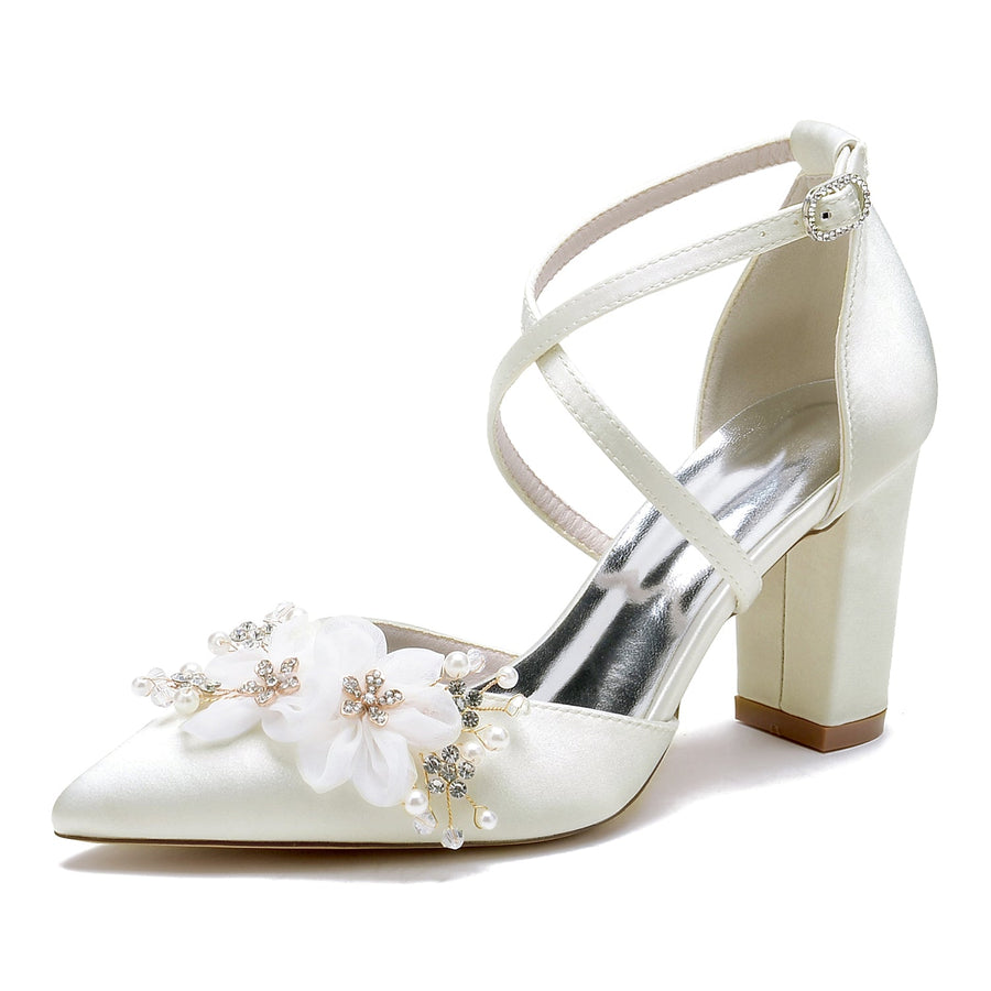 Damen Seidensatin mit Knöchelriemen Blume Geschlossene Zehenpartie Blockabsatz Hochzeitsschuhe