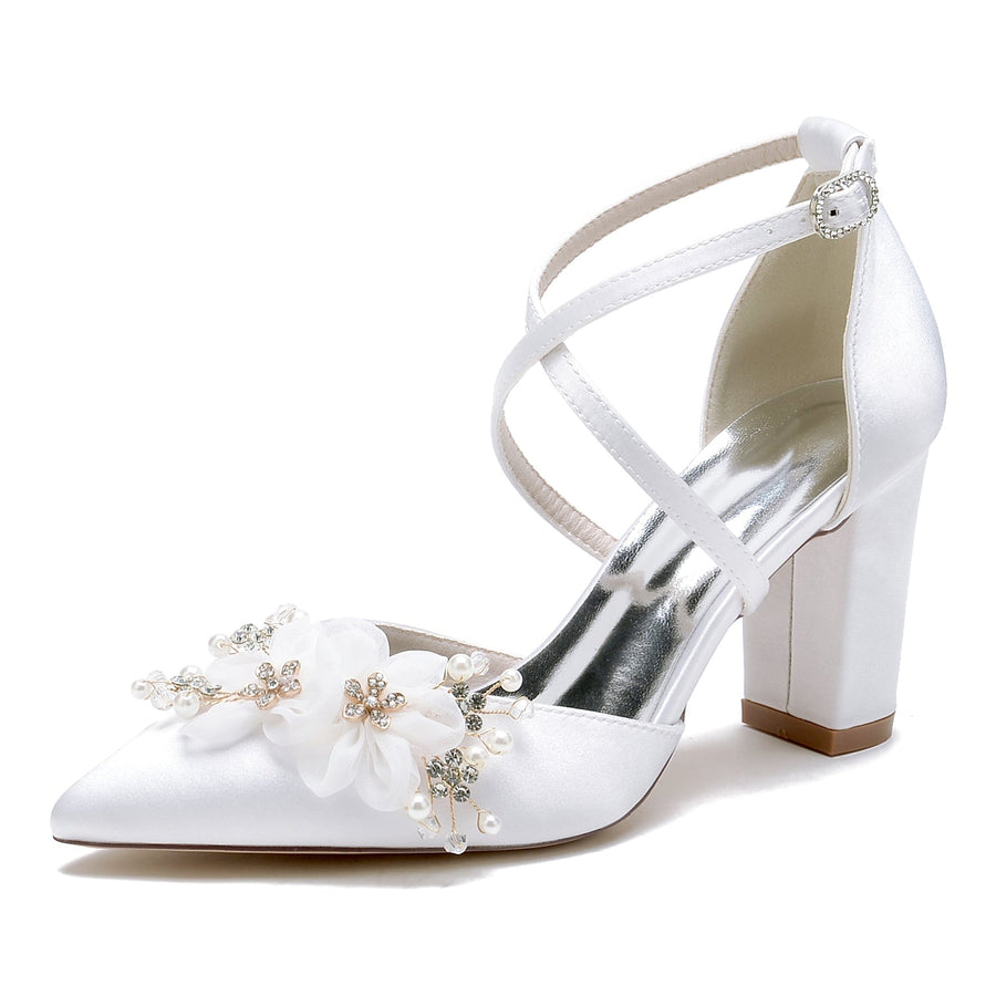 Damen Seidensatin mit Knöchelriemen Blume Geschlossene Zehenpartie Blockabsatz Hochzeitsschuhe