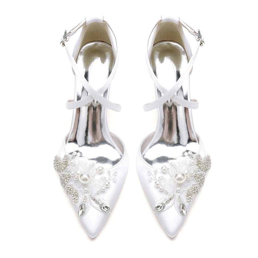 Damen Seidensatin mit Knöchelriemen Blume Perle Strass Geschlossene Zehe Blockabsatz Hochzeitsschuhe