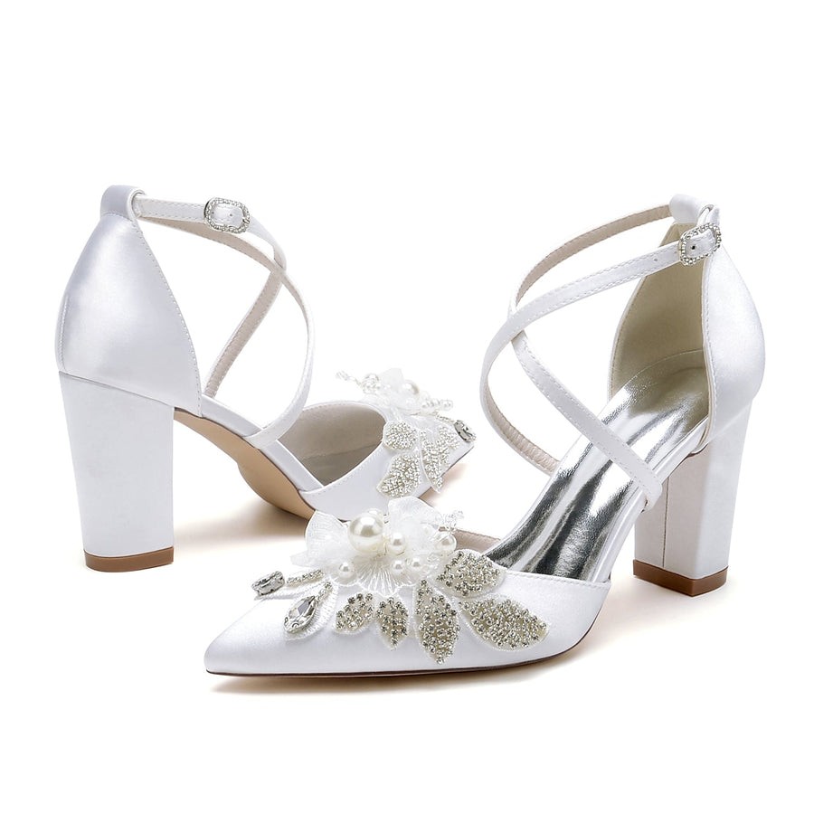 Damen Seidensatin mit Knöchelriemen Blume Perle Strass Geschlossene Zehe Blockabsatz Hochzeitsschuhe