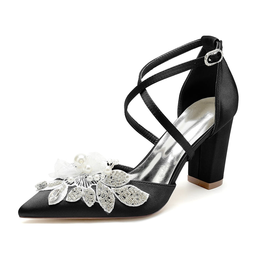 Damen Seidensatin mit Knöchelriemen Blume Perle Strass Geschlossene Zehe Blockabsatz Hochzeitsschuhe