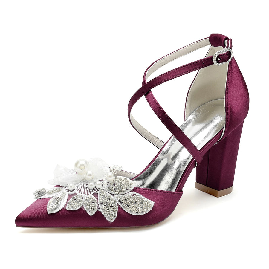 Damen Seidensatin mit Knöchelriemen Blume Perle Strass Geschlossene Zehe Blockabsatz Hochzeitsschuhe
