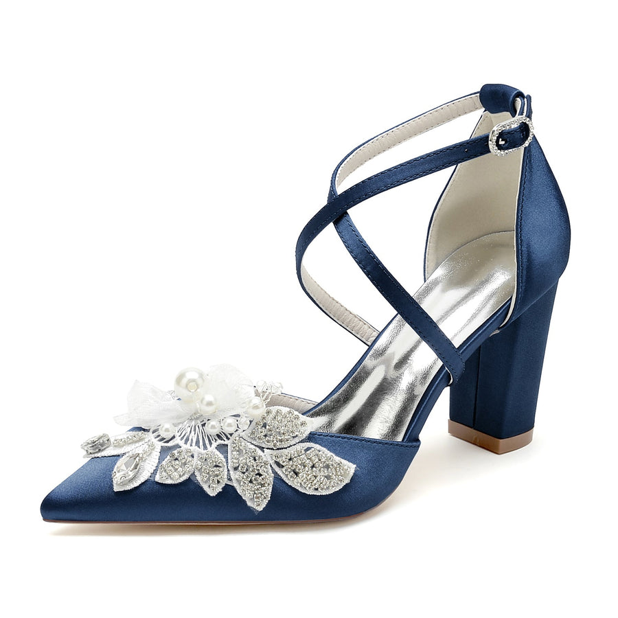 Damen Seidensatin mit Knöchelriemen Blume Perle Strass Geschlossene Zehe Blockabsatz Hochzeitsschuhe