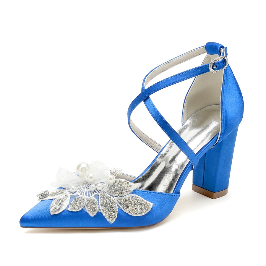 Damen Seidensatin mit Knöchelriemen Blume Perle Strass Geschlossene Zehe Blockabsatz Hochzeitsschuhe