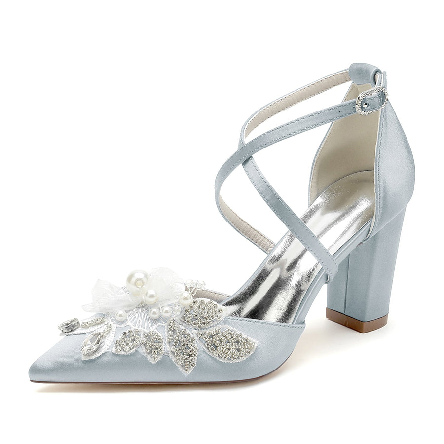 Damen Seidensatin mit Knöchelriemen Blume Perle Strass Geschlossene Zehe Blockabsatz Hochzeitsschuhe