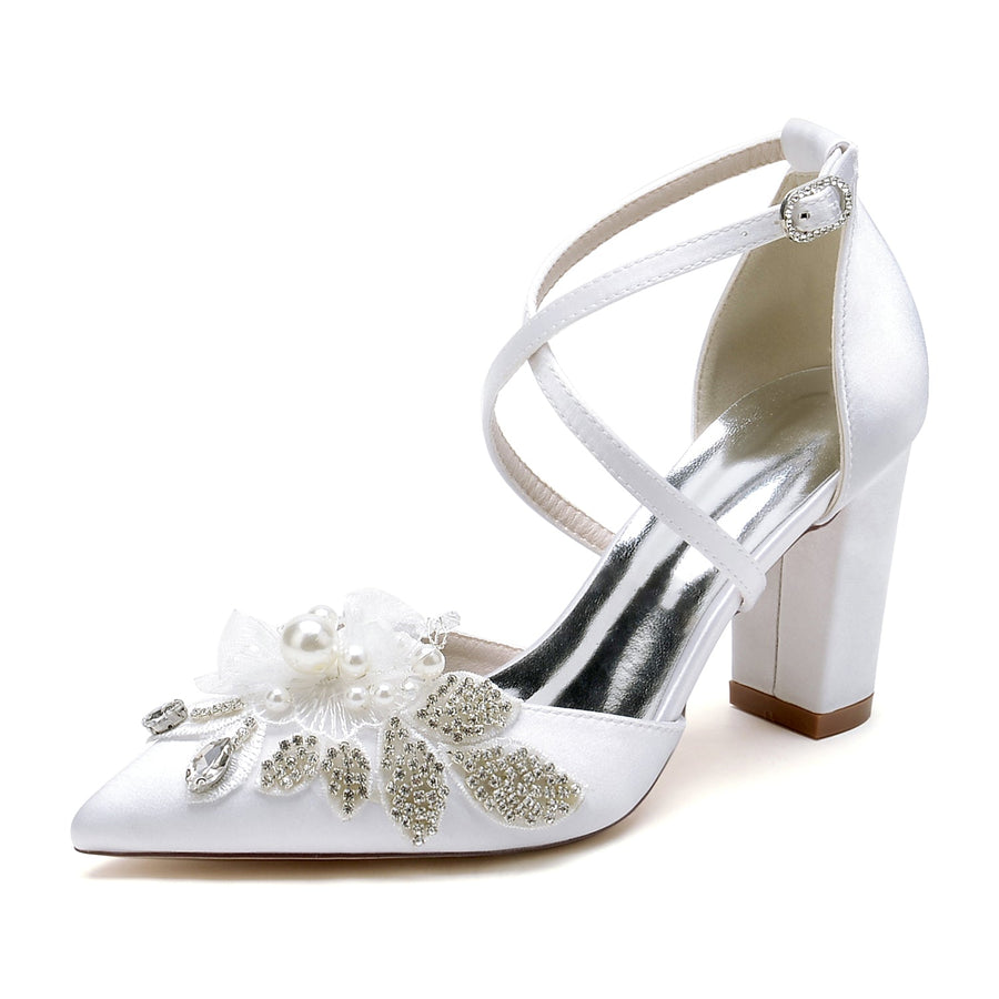 Damen Seidensatin mit Knöchelriemen Blume Perle Strass Geschlossene Zehe Blockabsatz Hochzeitsschuhe