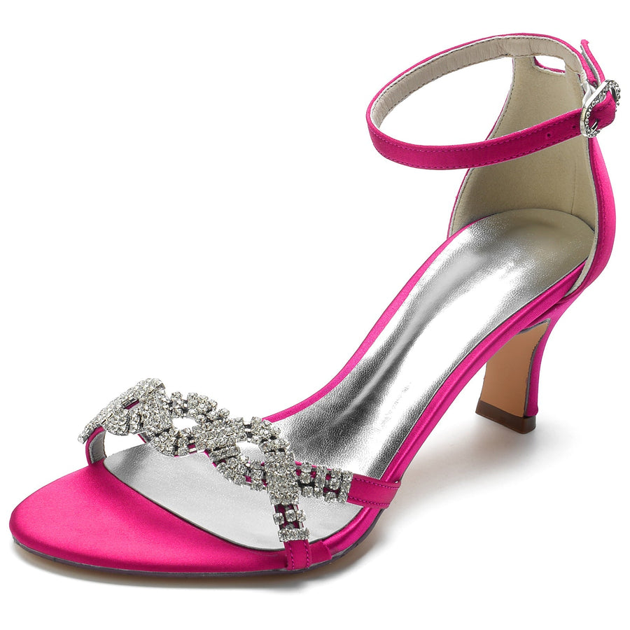 Damen Seidensatin Knöchelriemen mit Strass Peep Toe Spool Heel Party Schuhe