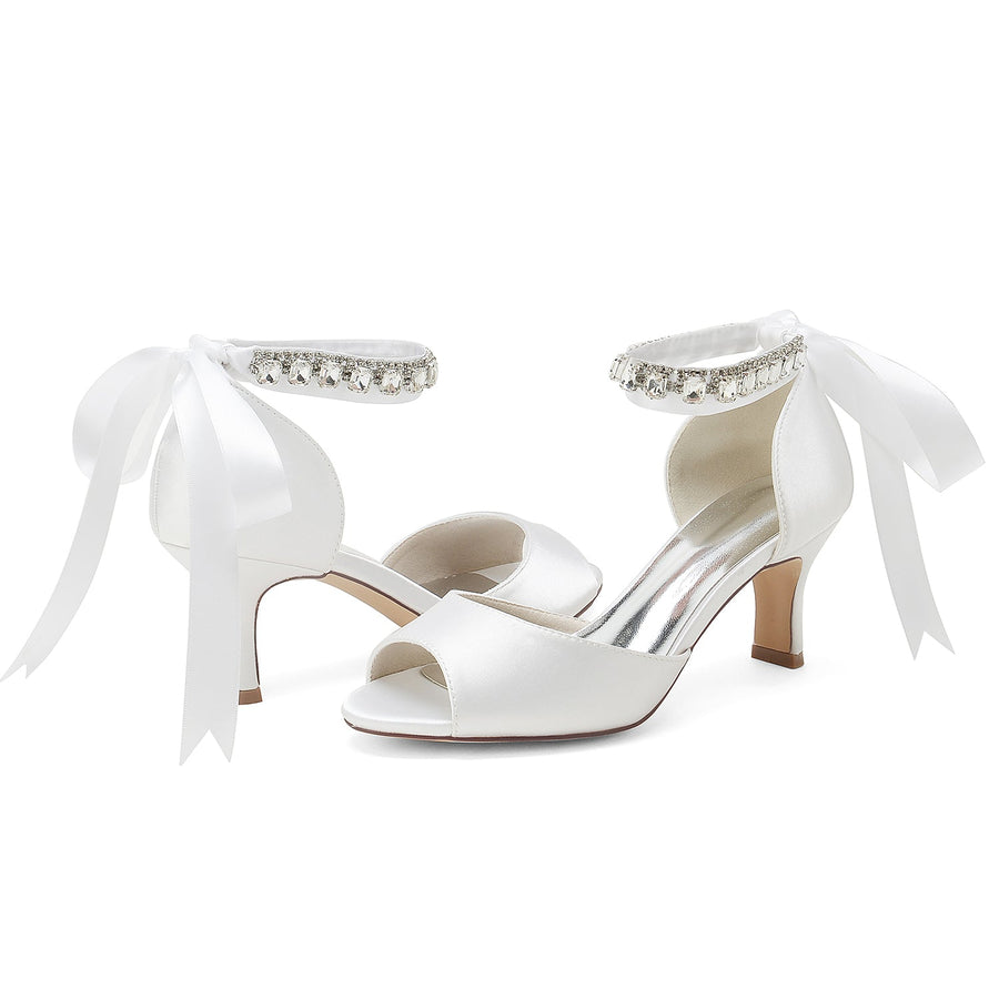 Damen Seidensatin mit Knöchelriemen Schnürung Strass Peep Toe Spool Heel Brautschuhe