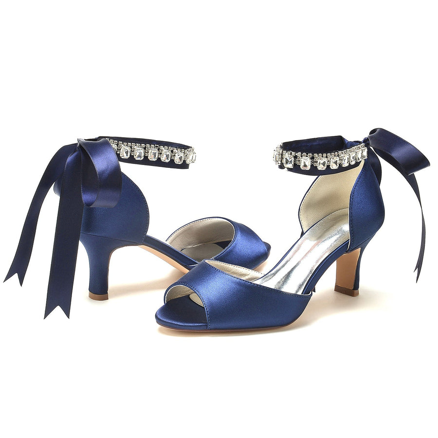 Damen Seidensatin mit Knöchelriemen Schnürung Strass Peep Toe Spool Heel Brautschuhe