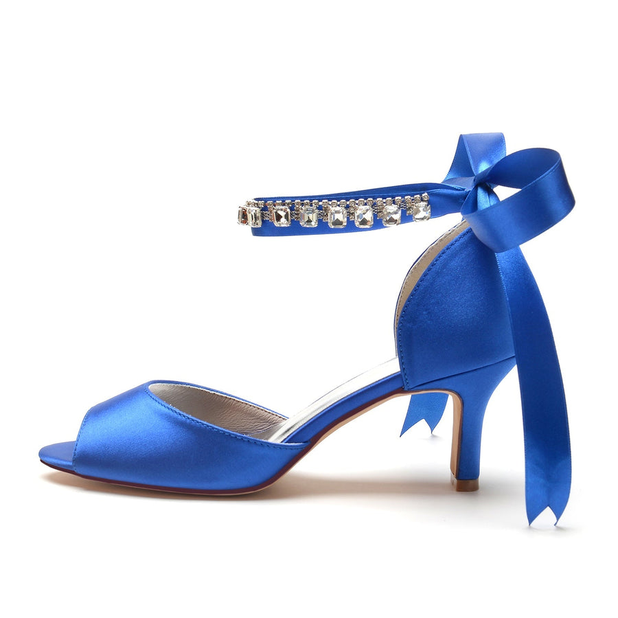 Damen Seidensatin mit Knöchelriemen Schnürung Strass Peep Toe Spool Heel Brautschuhe