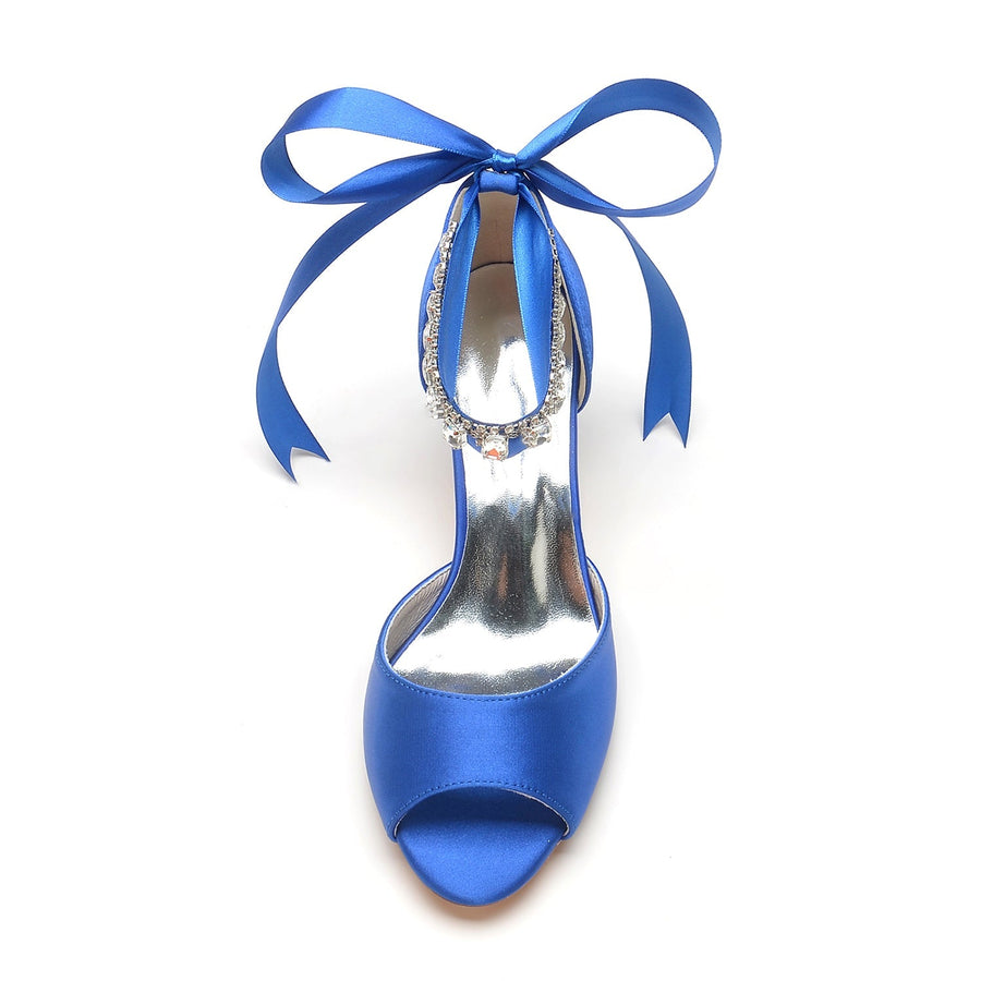 Damen Seidensatin mit Knöchelriemen Schnürung Strass Peep Toe Spool Heel Brautschuhe