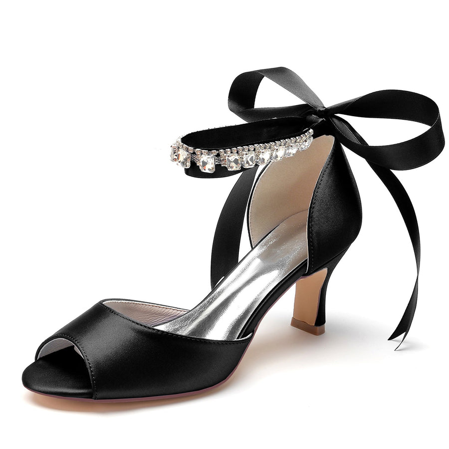 Damen Seidensatin mit Knöchelriemen Schnürung Strass Peep Toe Spool Heel Brautschuhe