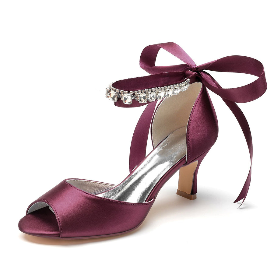 Damen Seidensatin mit Knöchelriemen Schnürung Strass Peep Toe Spool Heel Brautschuhe