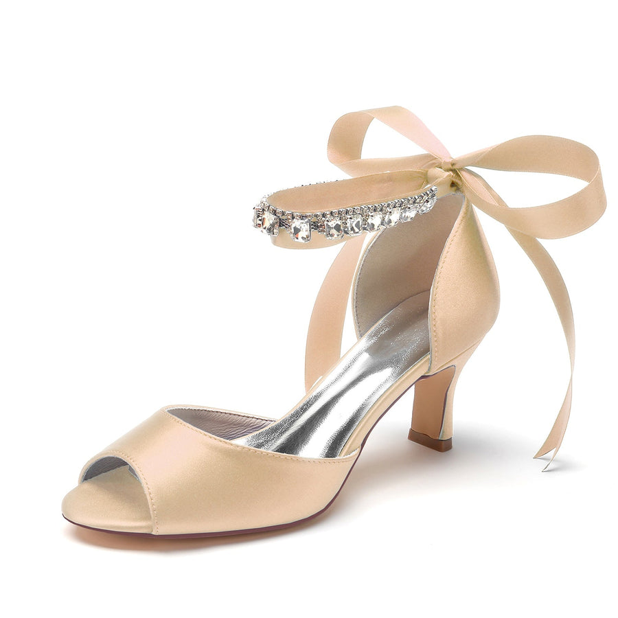 Damen Seidensatin mit Knöchelriemen Schnürung Strass Peep Toe Spool Heel Brautschuhe