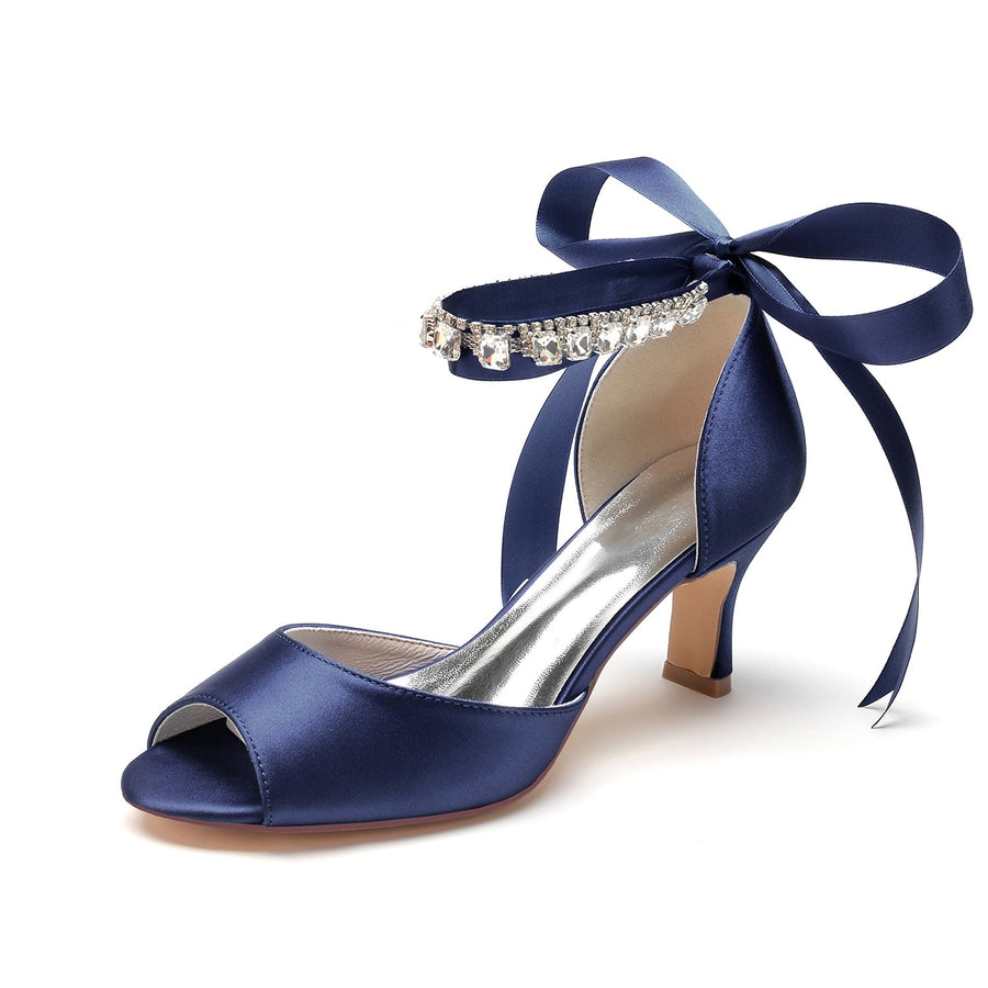 Damen Seidensatin mit Knöchelriemen Schnürung Strass Peep Toe Spool Heel Brautschuhe