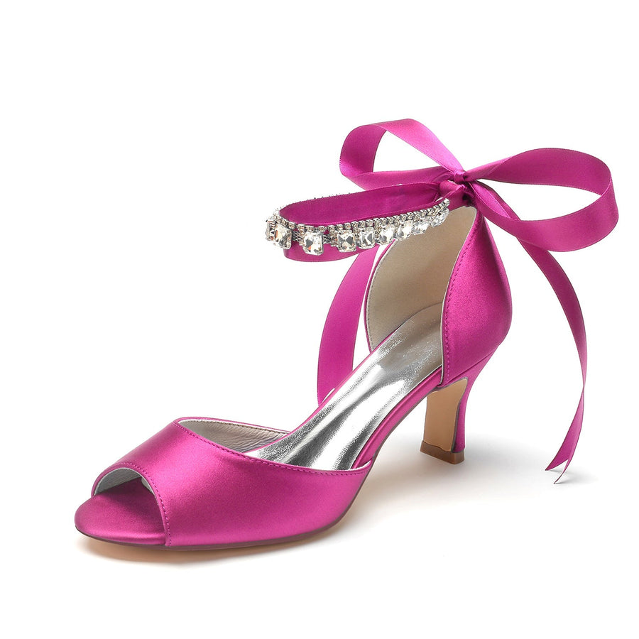 Damen Seidensatin mit Knöchelriemen Schnürung Strass Peep Toe Spool Heel Brautschuhe