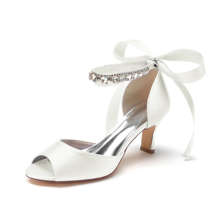 Damen Seidensatin mit Knöchelriemen Schnürung Strass Peep Toe Spool Heel Brautschuhe