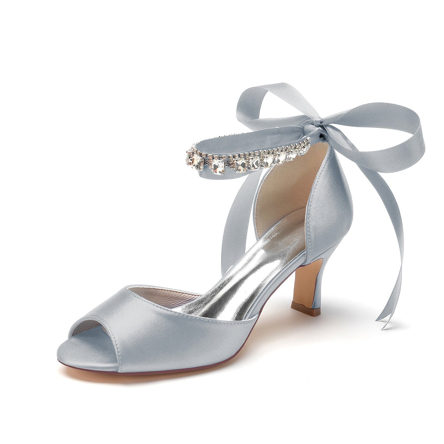 Damen Seidensatin mit Knöchelriemen Schnürung Strass Peep Toe Spool Heel Brautschuhe