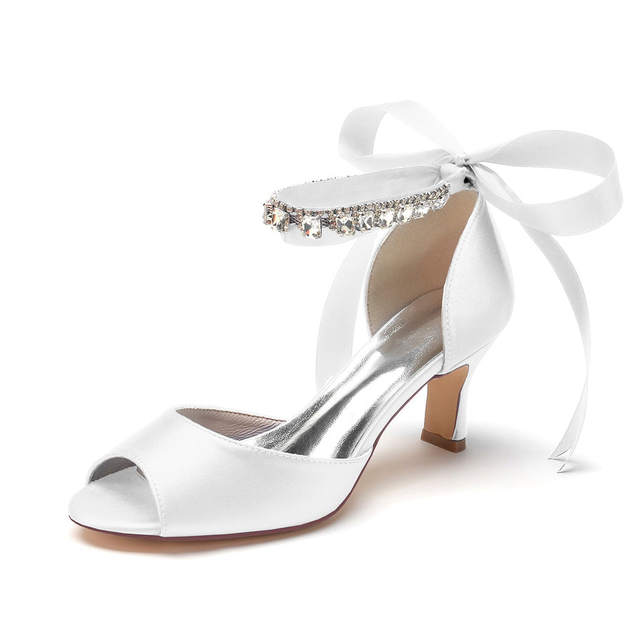 Damen Seidensatin mit Knöchelriemen Schnürung Strass Peep Toe Spool Heel Brautschuhe