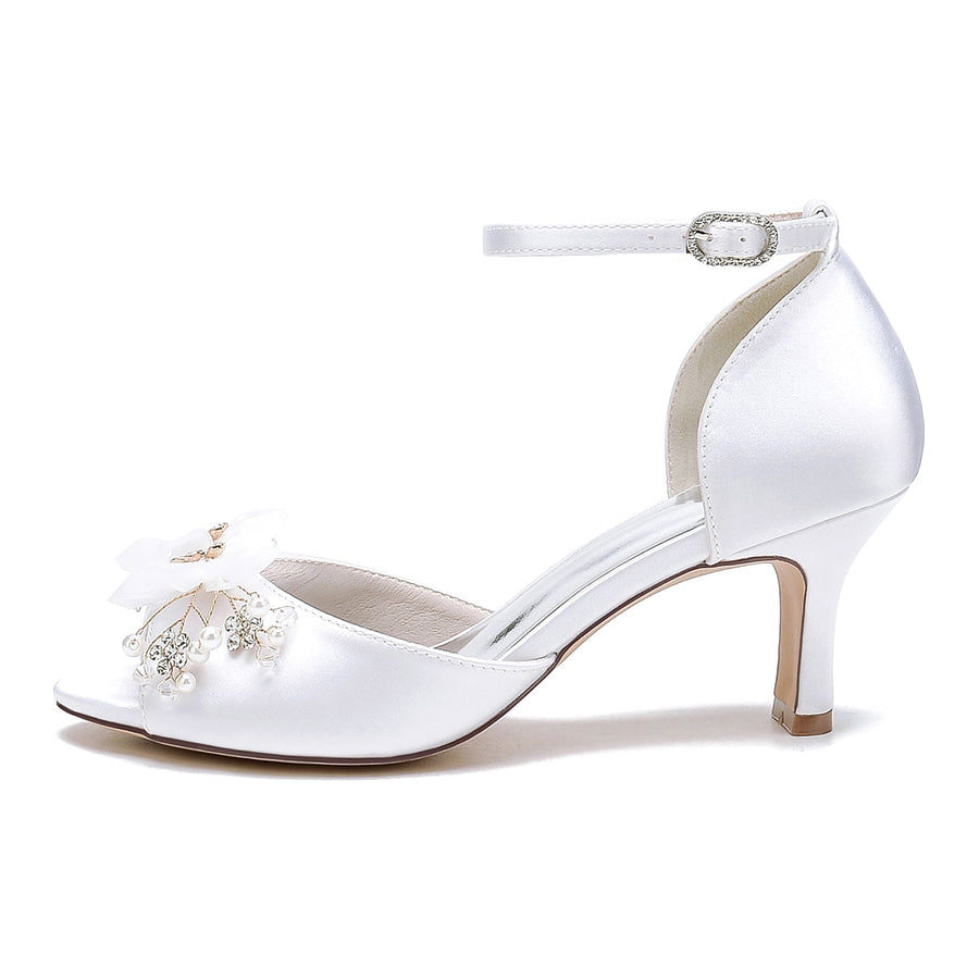 Damen Seidensatin Mit Knöchelriemen Blume Peep Toe Stiletto Heel Brautschuhe