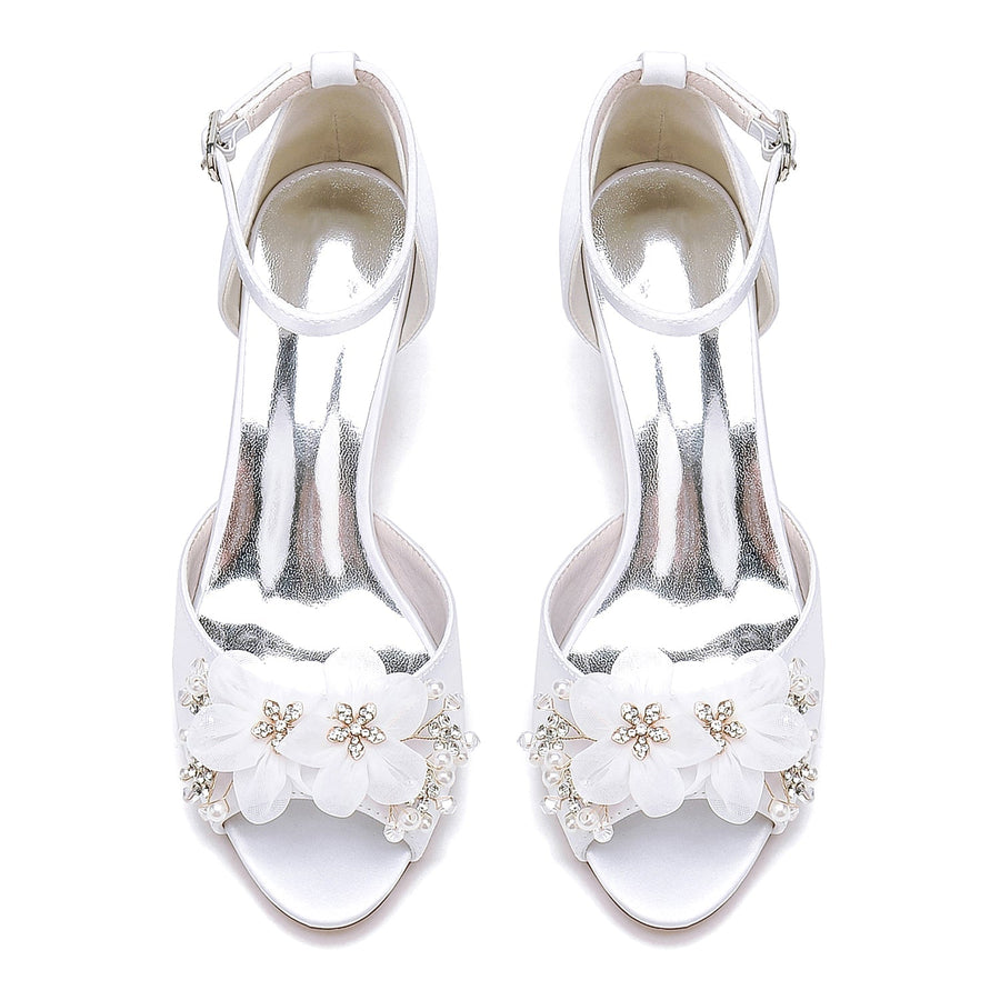 Damen Seidensatin Mit Knöchelriemen Blume Peep Toe Stiletto Heel Brautschuhe