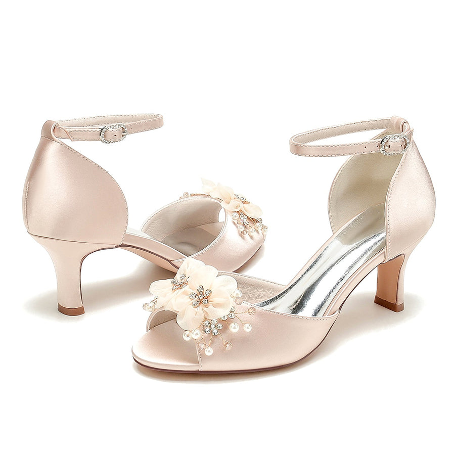 Damen Seidensatin Mit Knöchelriemen Blume Peep Toe Stiletto Heel Brautschuhe