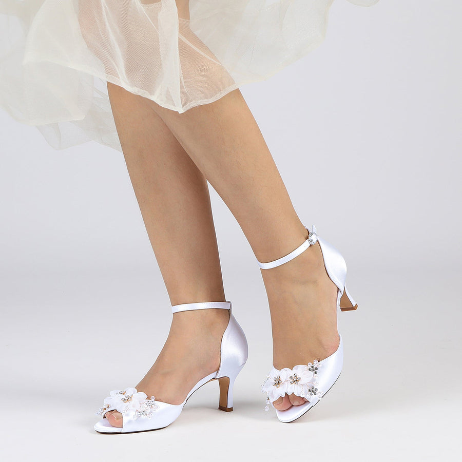 Damen Seidensatin Mit Knöchelriemen Blume Peep Toe Stiletto Heel Brautschuhe