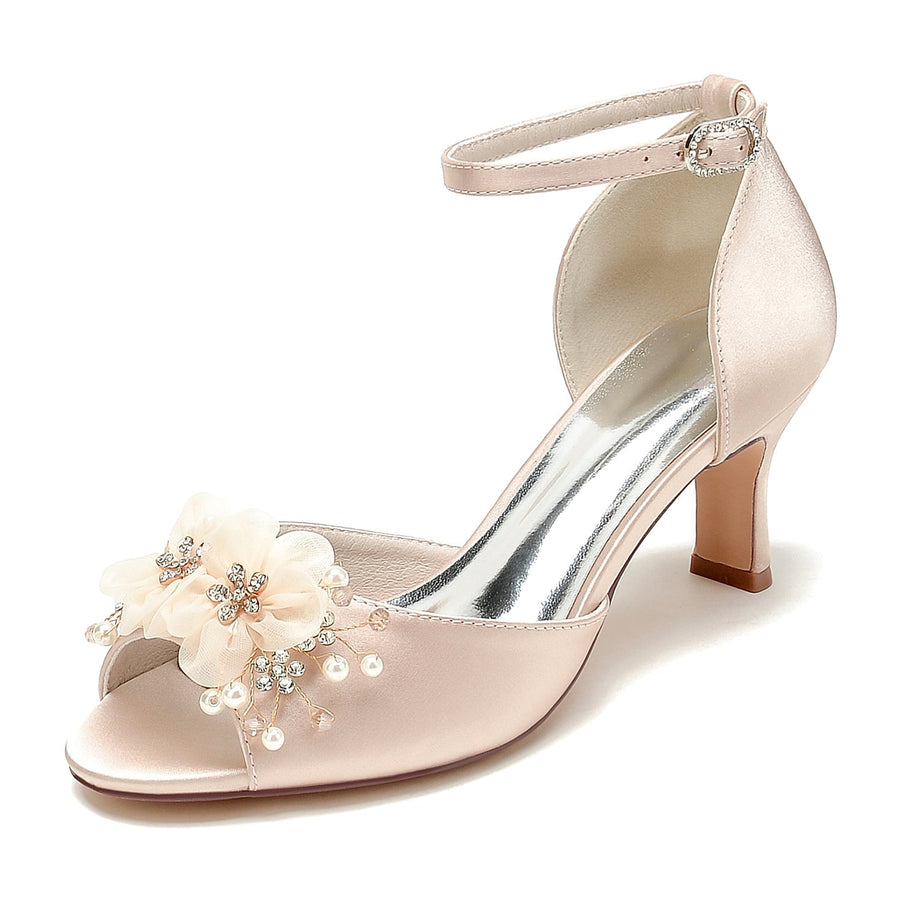 Damen Seidensatin Mit Knöchelriemen Blume Peep Toe Stiletto Heel Brautschuhe