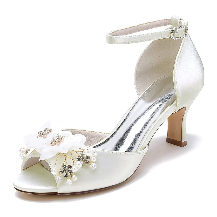 Damen Seidensatin Mit Knöchelriemen Blume Peep Toe Stiletto Heel Brautschuhe