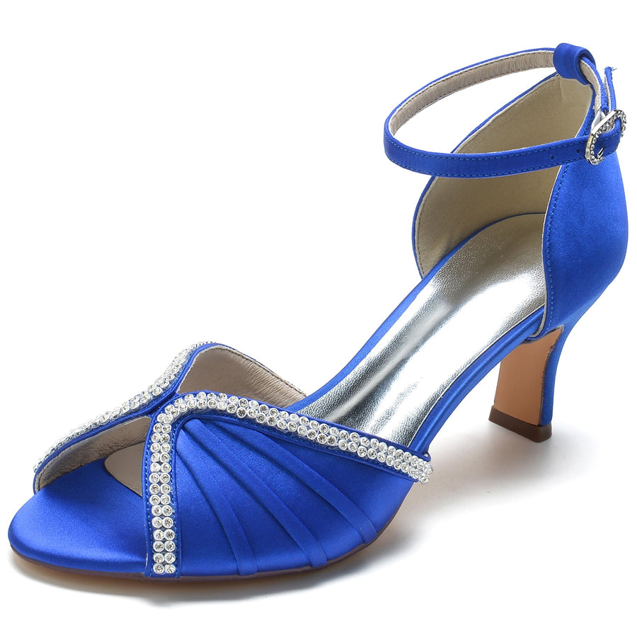 Damen Knöchelriemen Seidensatin mit Strass Peep Toe Spool Heel Brautschuhe