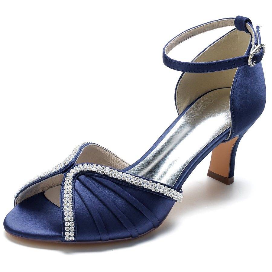 Damen Knöchelriemen Seidensatin mit Strass Peep Toe Spool Heel Brautschuhe