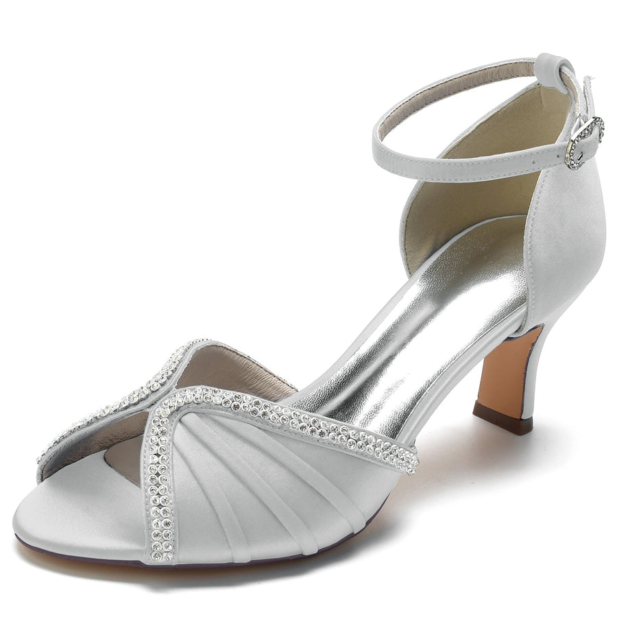 Damen Knöchelriemen Seidensatin mit Strass Peep Toe Spool Heel Brautschuhe