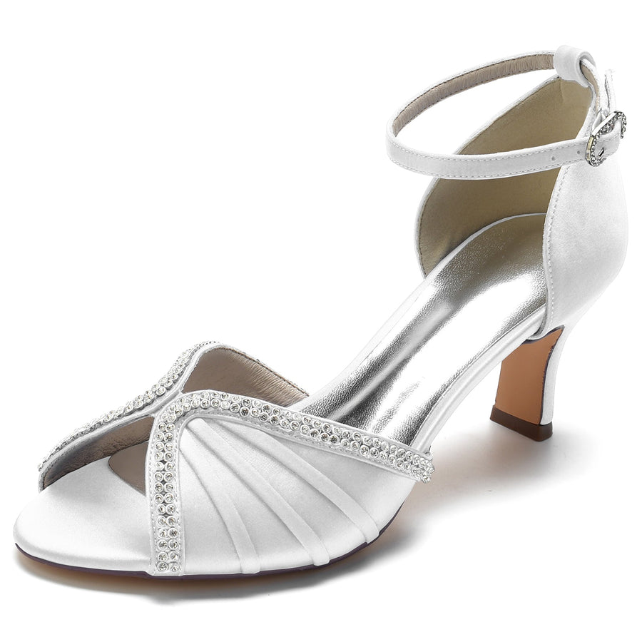 Damen Knöchelriemen Seidensatin mit Strass Peep Toe Spool Heel Brautschuhe