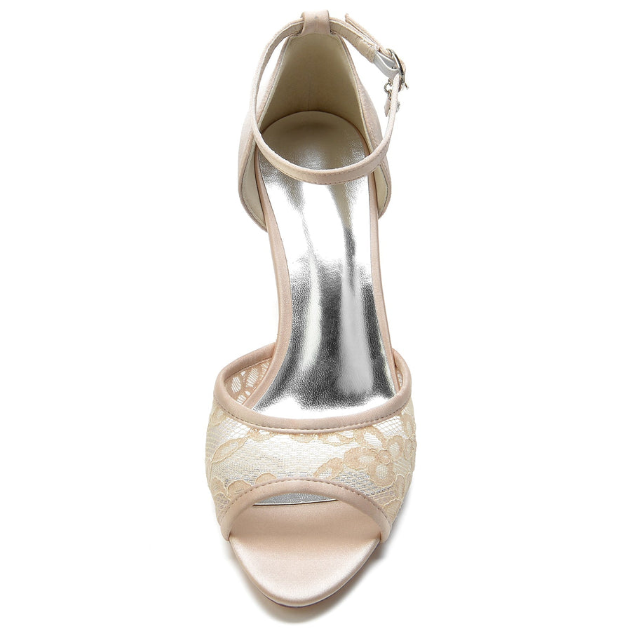 Damen Seidensatin mit Knöchelriemen Spitze Peep Toe Spool Heel Abendschuhe