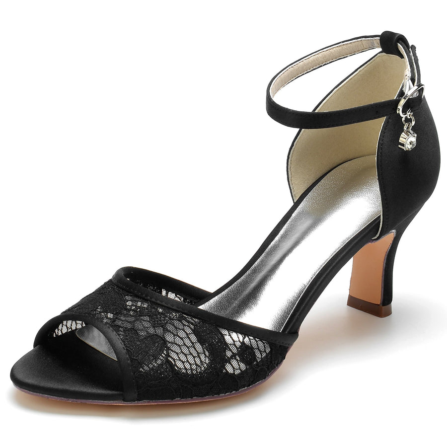 Damen Seidensatin mit Knöchelriemen Spitze Peep Toe Spool Heel Abendschuhe