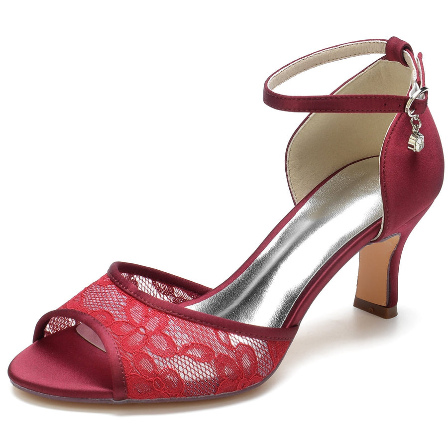 Damen Seidensatin mit Knöchelriemen Spitze Peep Toe Spool Heel Abendschuhe