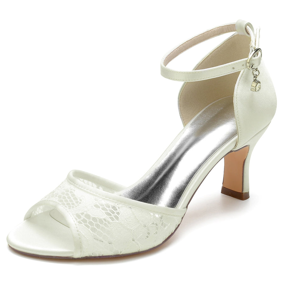 Damen Seidensatin mit Knöchelriemen Spitze Peep Toe Spool Heel Abendschuhe