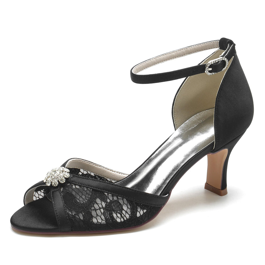 Damen Spitze Seidensatin Mit Knöchelriemen Spitze Strass Peep Toe Spool Heel Party Schuhe