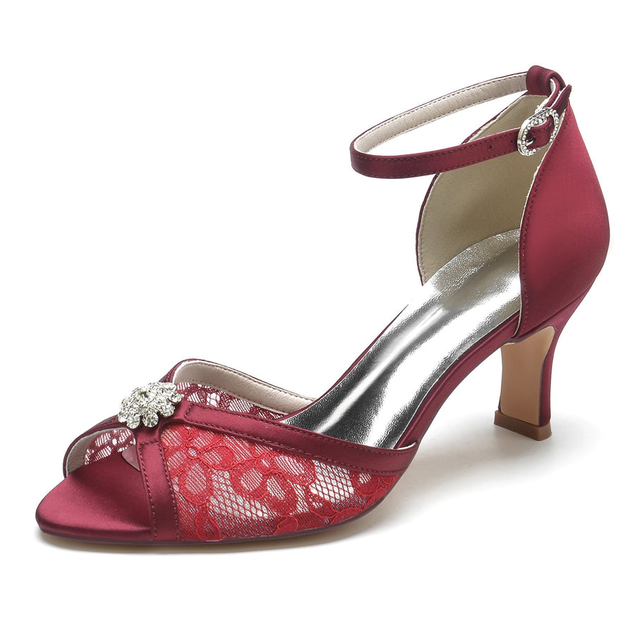 Damen Spitze Seidensatin Mit Knöchelriemen Spitze Strass Peep Toe Spool Heel Party Schuhe