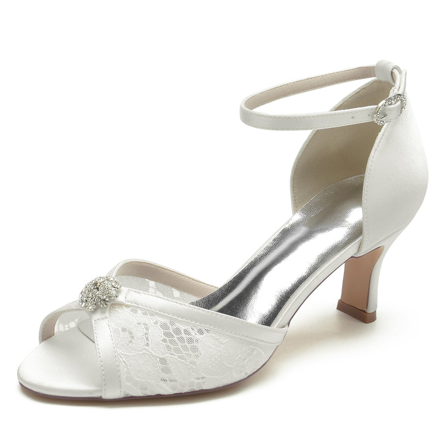 Damen Spitze Seidensatin Mit Knöchelriemen Spitze Strass Peep Toe Spool Heel Party Schuhe