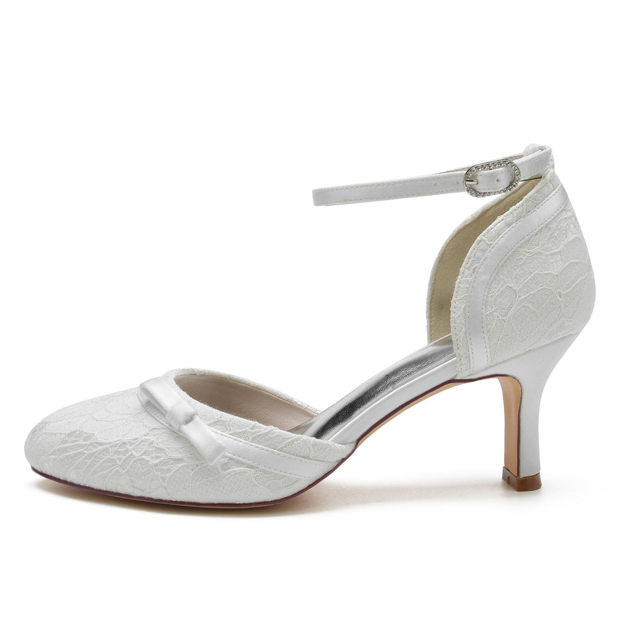 Damen Spitze Seidensatin Mit Knöchelriemen Spitze Geschlossene Zehenpartie Spool Heel Abendschuhe