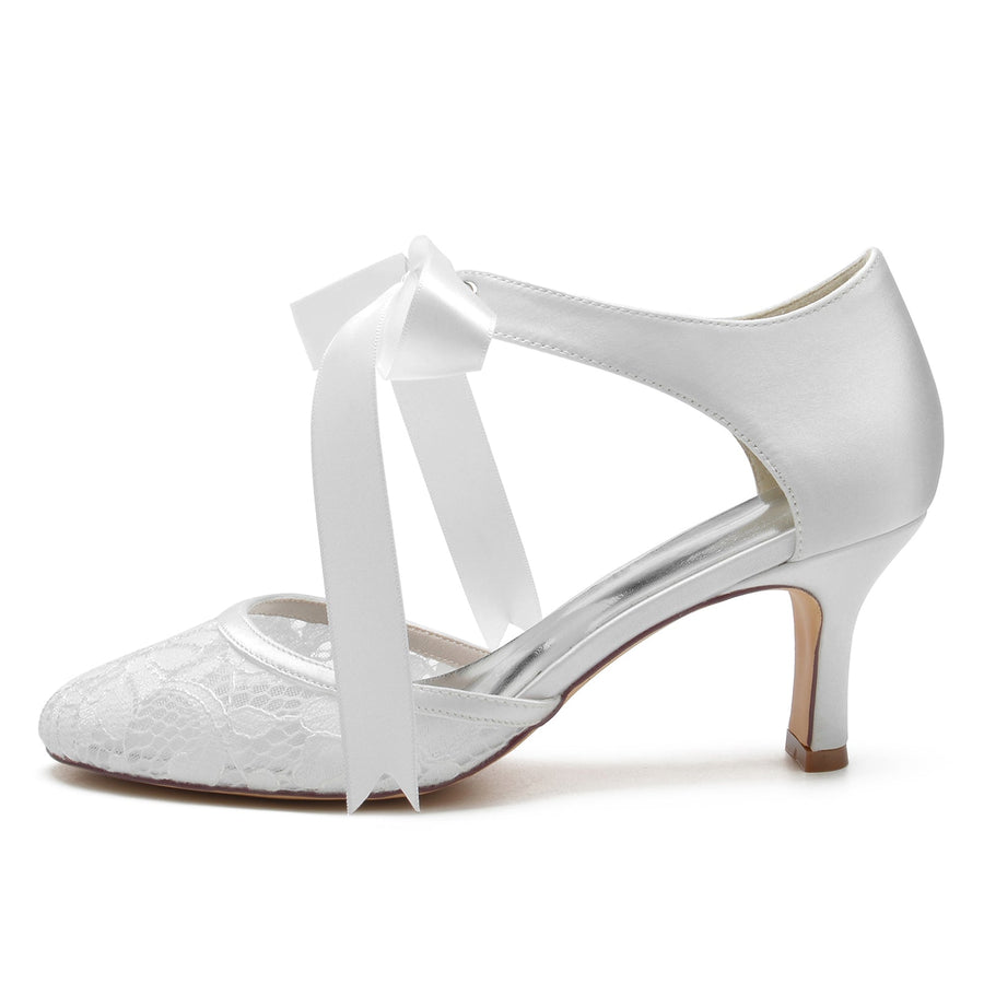 Damen Spitze Seidensatin Mit Knöchelriemen Geschlossene Zehenpartie Spool Heel Brautschuhe
