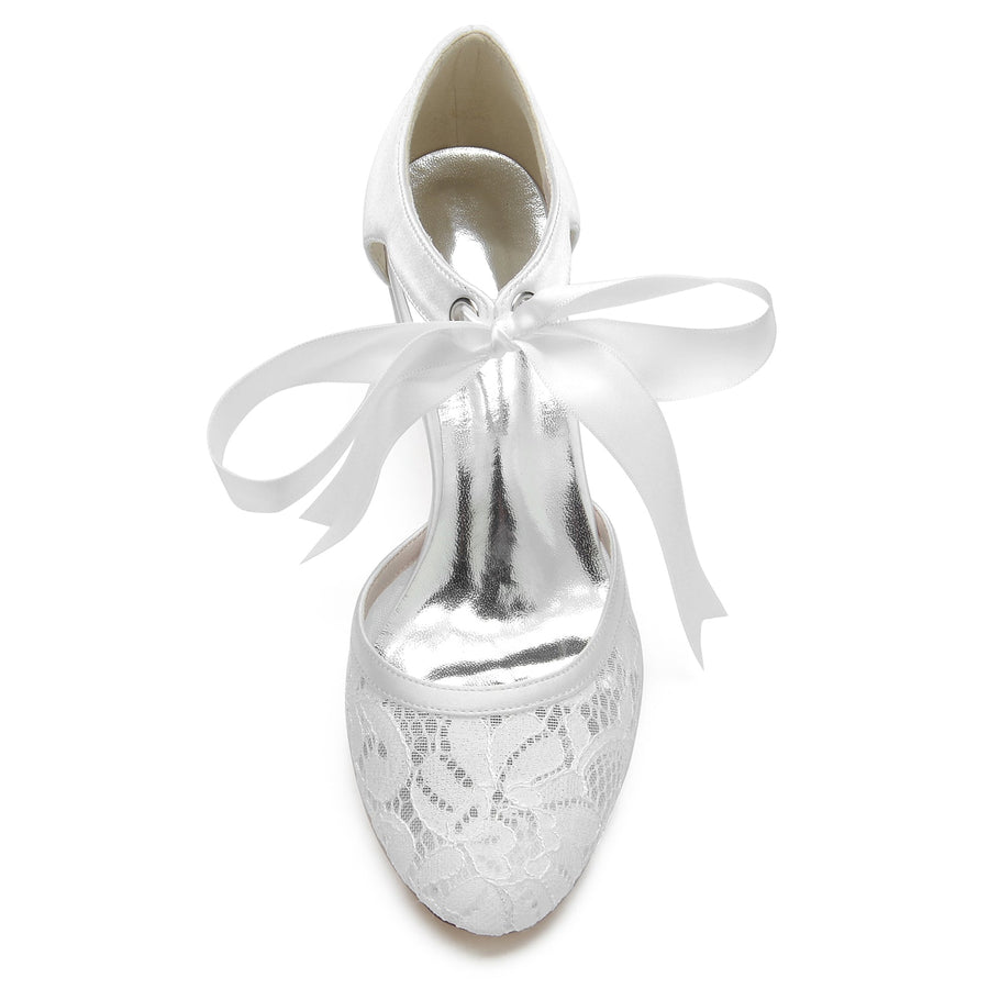 Damen Spitze Seidensatin Mit Knöchelriemen Geschlossene Zehenpartie Spool Heel Brautschuhe