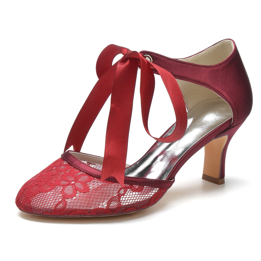 Damen Spitze Seidensatin Mit Knöchelriemen Geschlossene Zehenpartie Spool Heel Brautschuhe